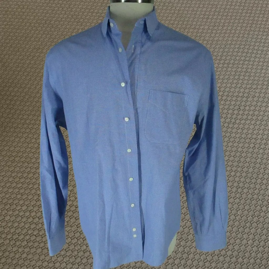 Blue & Cream Button-Up Shirt Mens 1XL Blue Long Sleeve Cotton Microcheck Usa Made, Men's