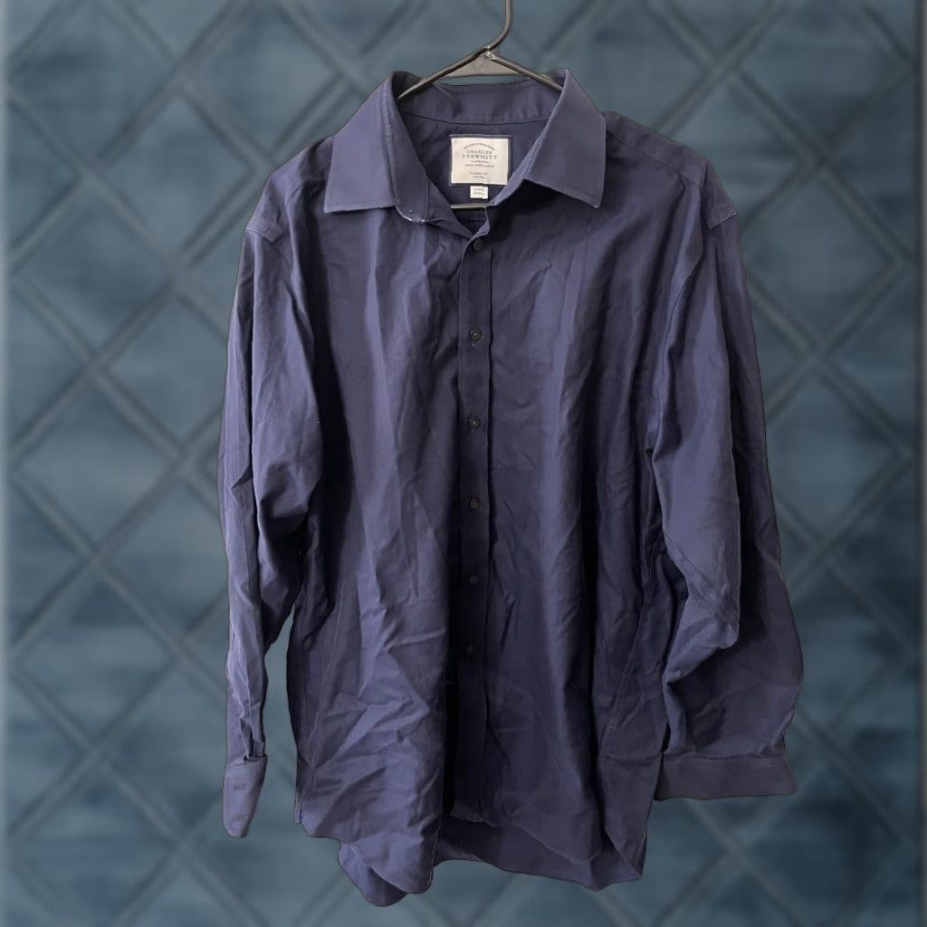 Vintage Charles Tyrwhitt Jermyn Street Men’S Dress Shirt Long Sleeve Non Iron Classic Fit 17 Navy Blue (Size XL)