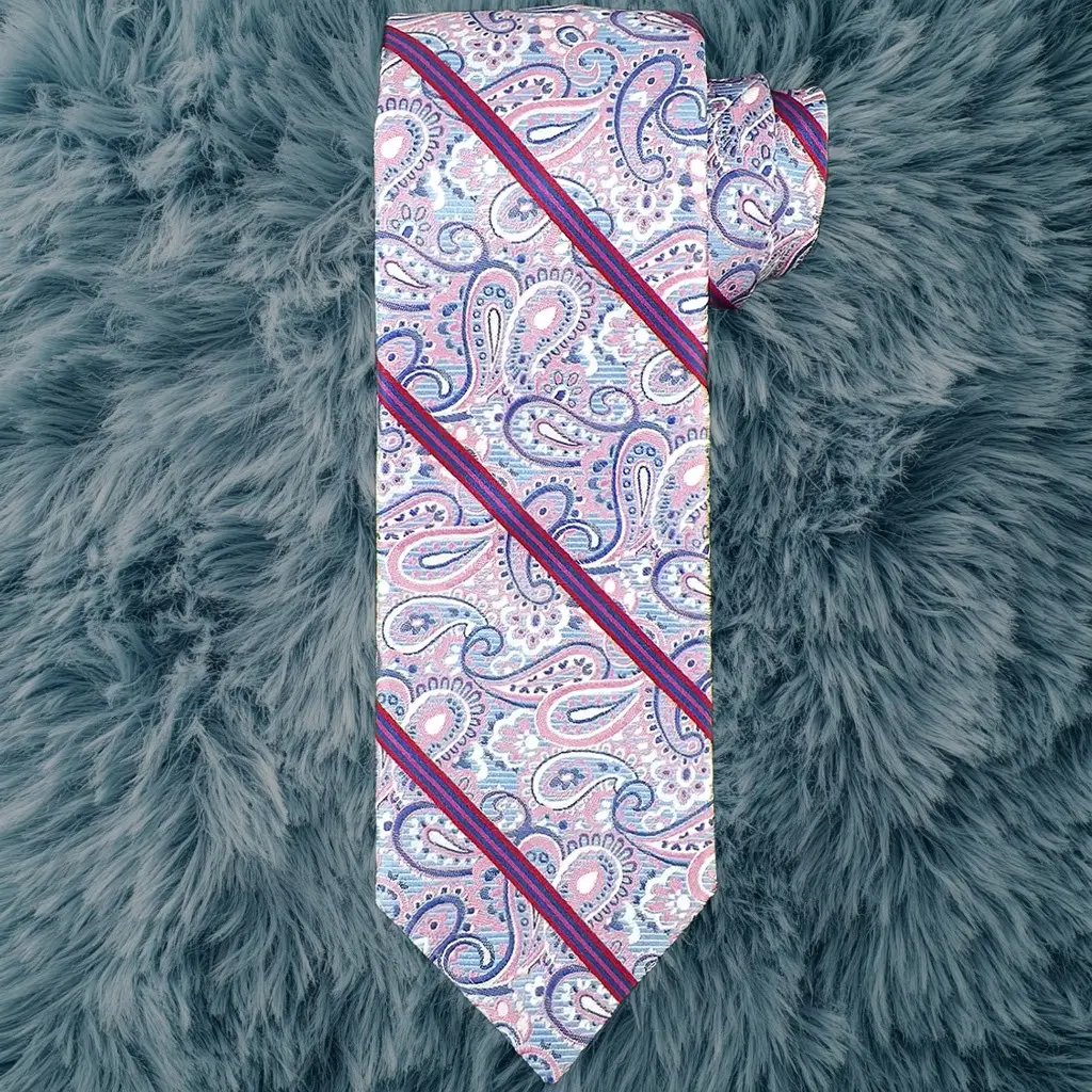 Paul Fredrick Tie Silk Woven 7-Fold Paisley Stripe Pink Blue Navy Italy Mens, Men's