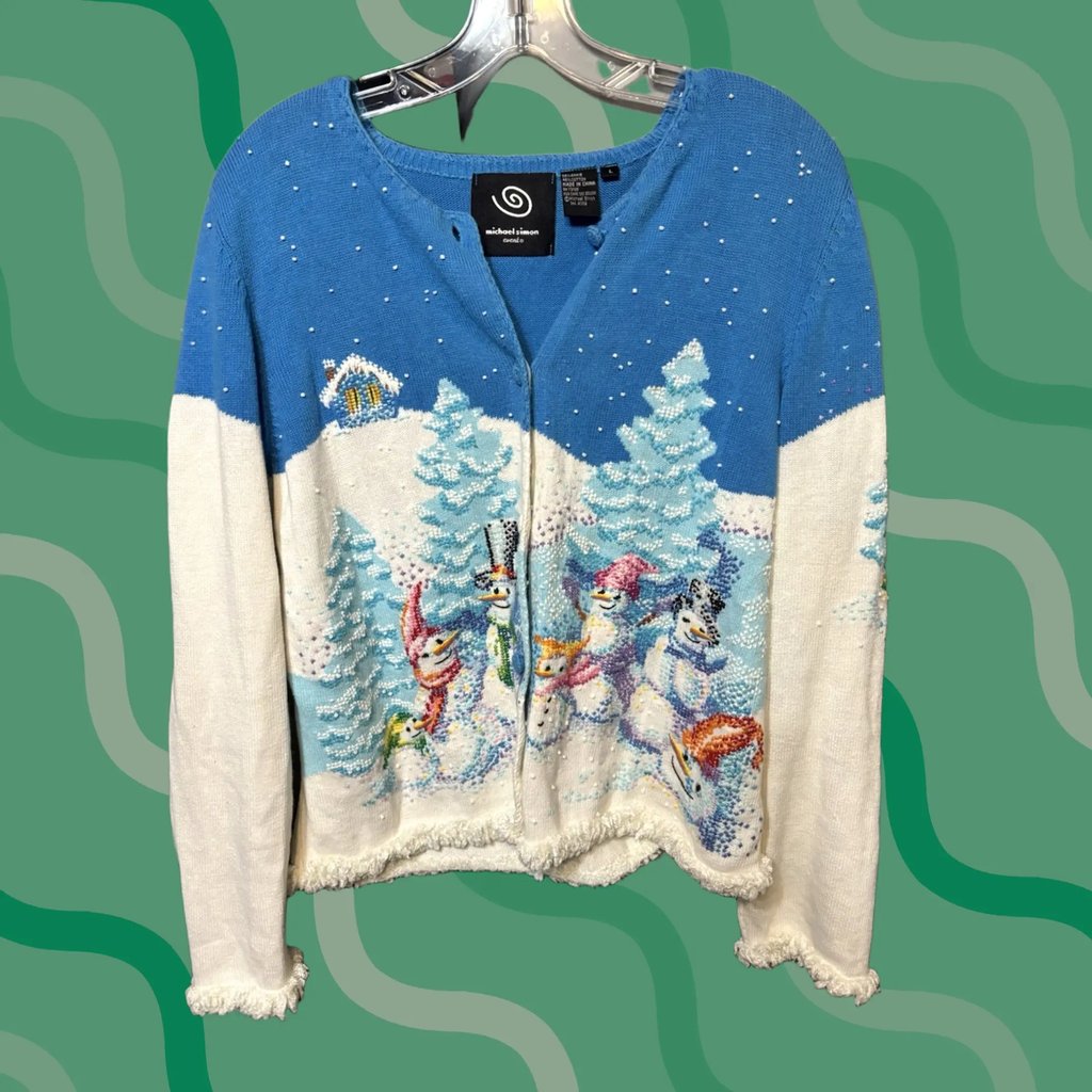 Vintage Michael Simon Cardigan Sweater Womens L Blue Beaded Bling Christmas Snowman Granny Y2K Holiday, Women's