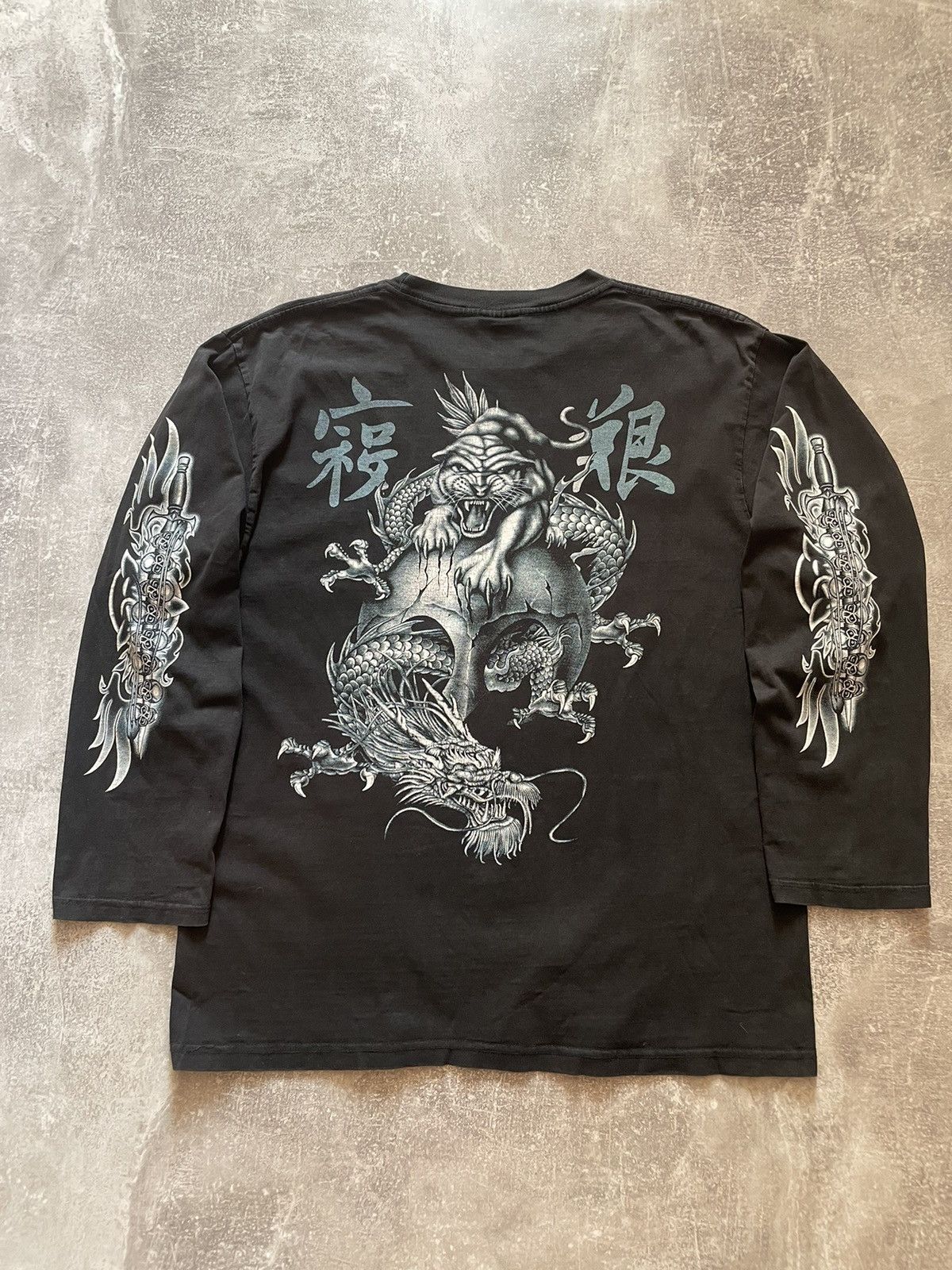 Vintage Affliction Style Dragon Long Sleeve Shirt in Black, Men's (Size XL)