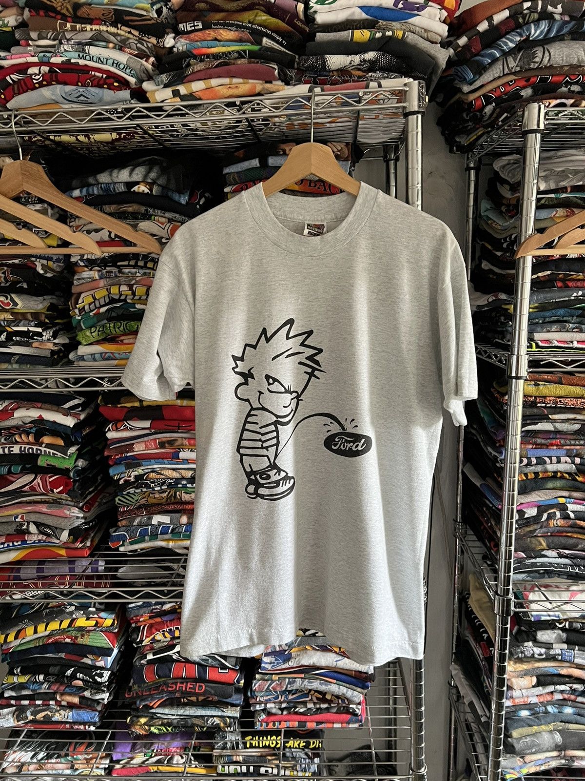 90's Calvin Peeing Ford Single Stitch Random Racing Tee in Grey, Men's (Size Large)