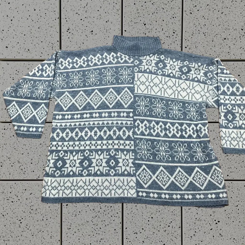 Vintage Rose Sweater Mens Large Blue Nordic Fair Isle Mock Neck Made Usa, Men's