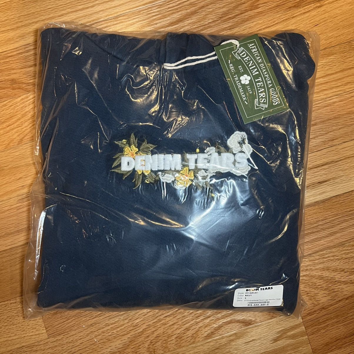 Denim Tears Embroidered Floral Logo Hoodie Navy (Mrsp $160) in Blue, Men's (Size Small)