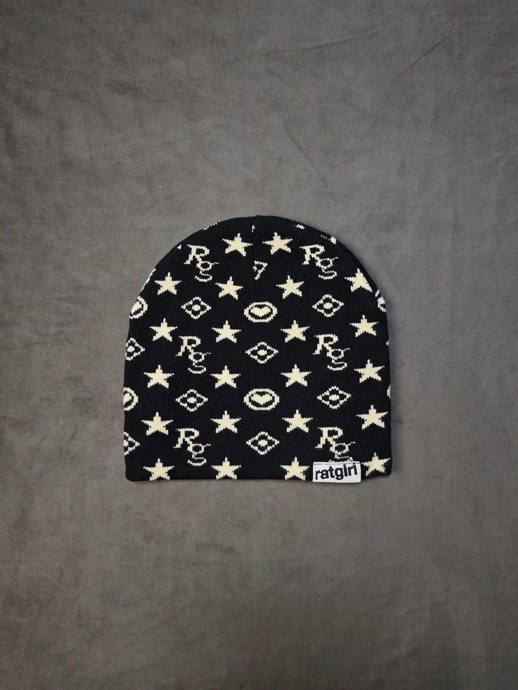 Stray Rats Ratgirl Monogram Beanie Y2K Star Print Hat in Black, Men's