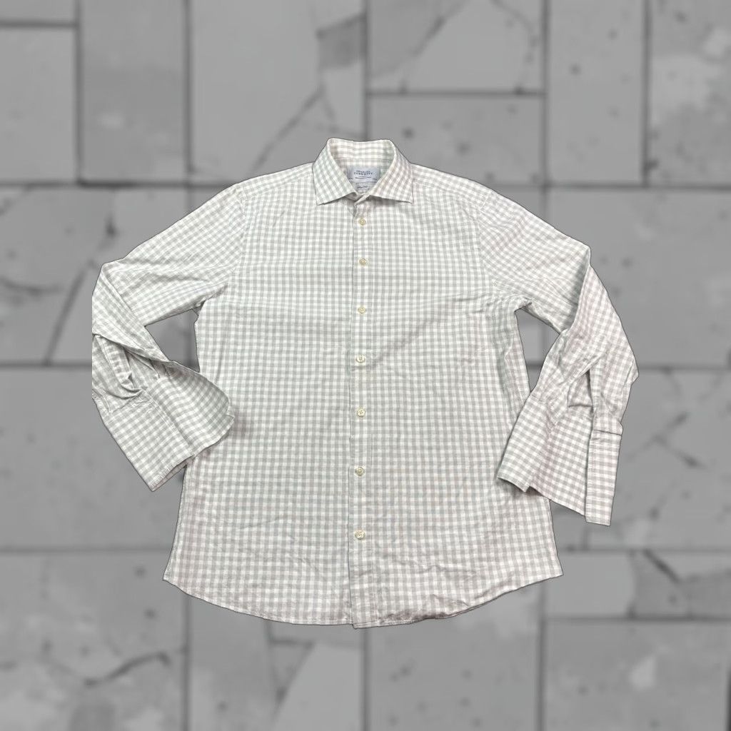 Vintage Charles Tyrwhitt Dress Shirt Men 16 Slim Fit Gray White Check Long Sleeve Business Formal in Grey (Size 42R)