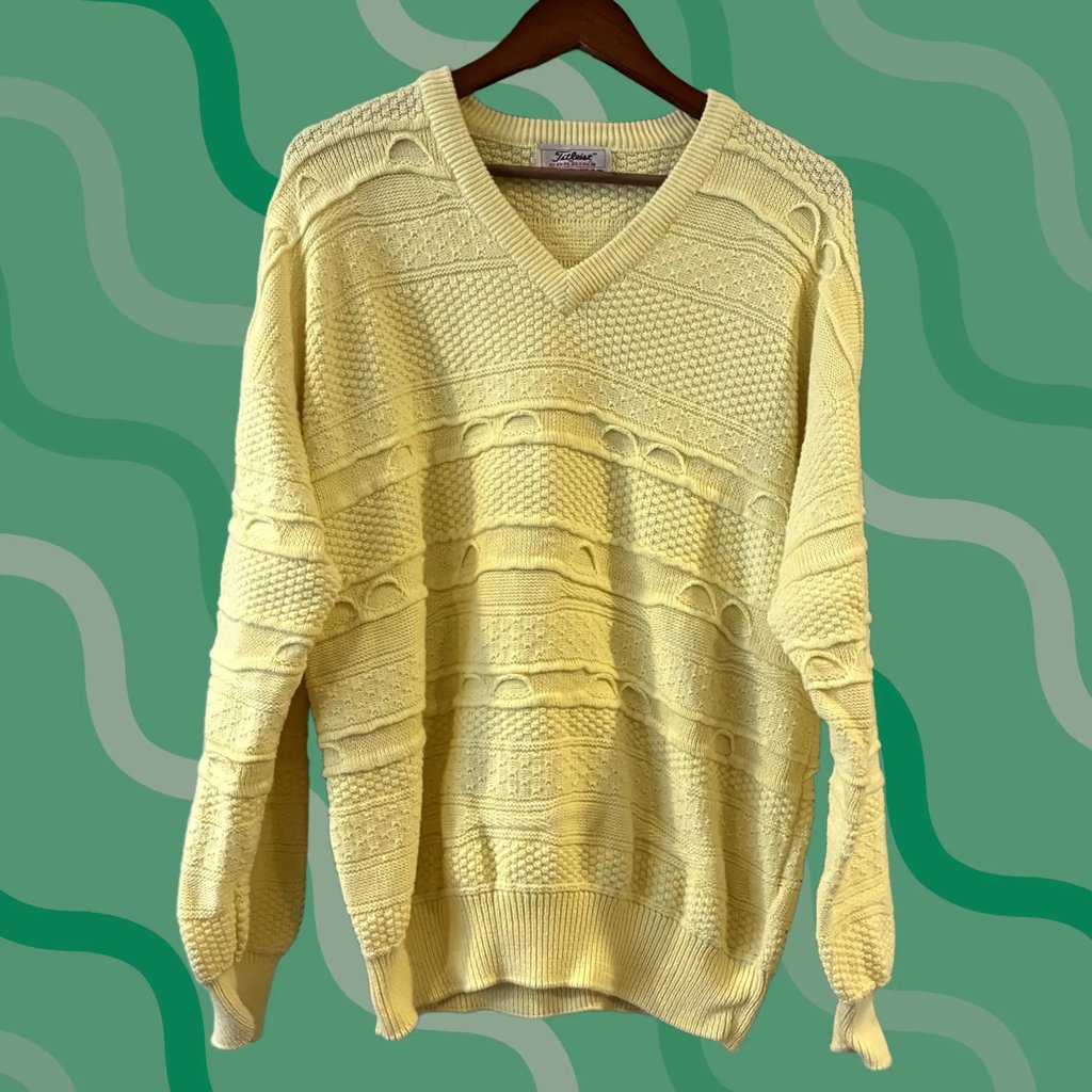 Vintage Titleist Sweater Mens Large Yellow Geometric Cotton Knit Golfing V-Neck 90s, Men's
