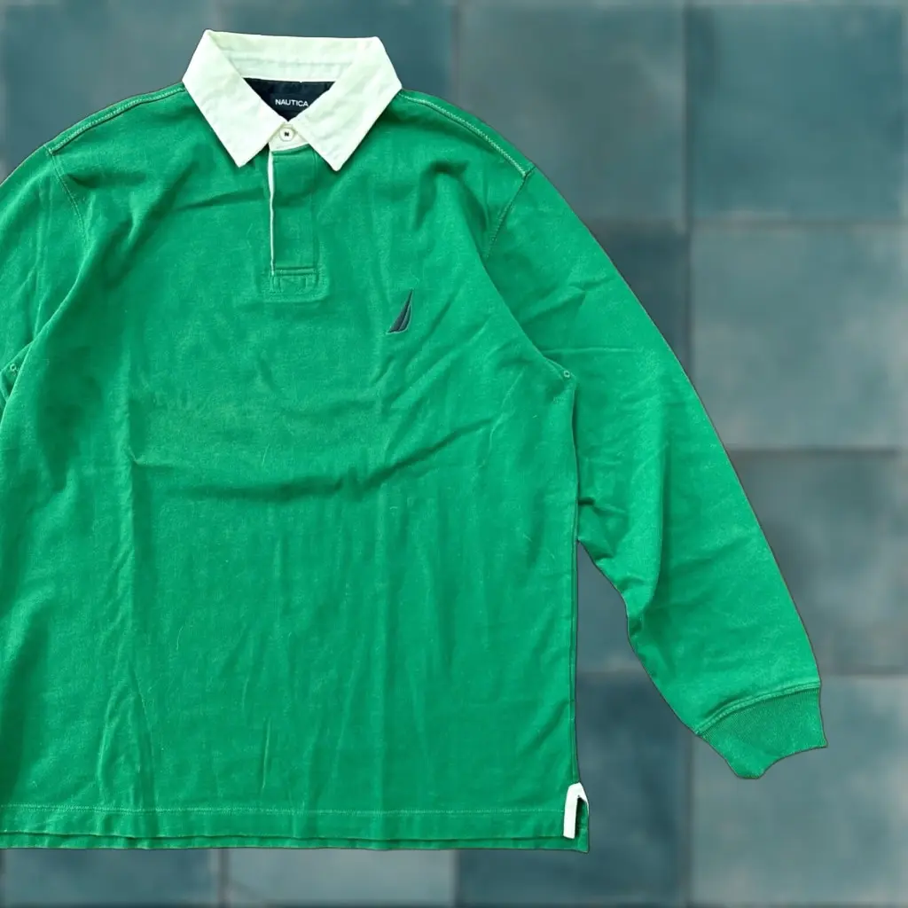 Nautica Shirt Adult Medium Green 100% Cotton Embroidered Polo Long Sleeve Mens