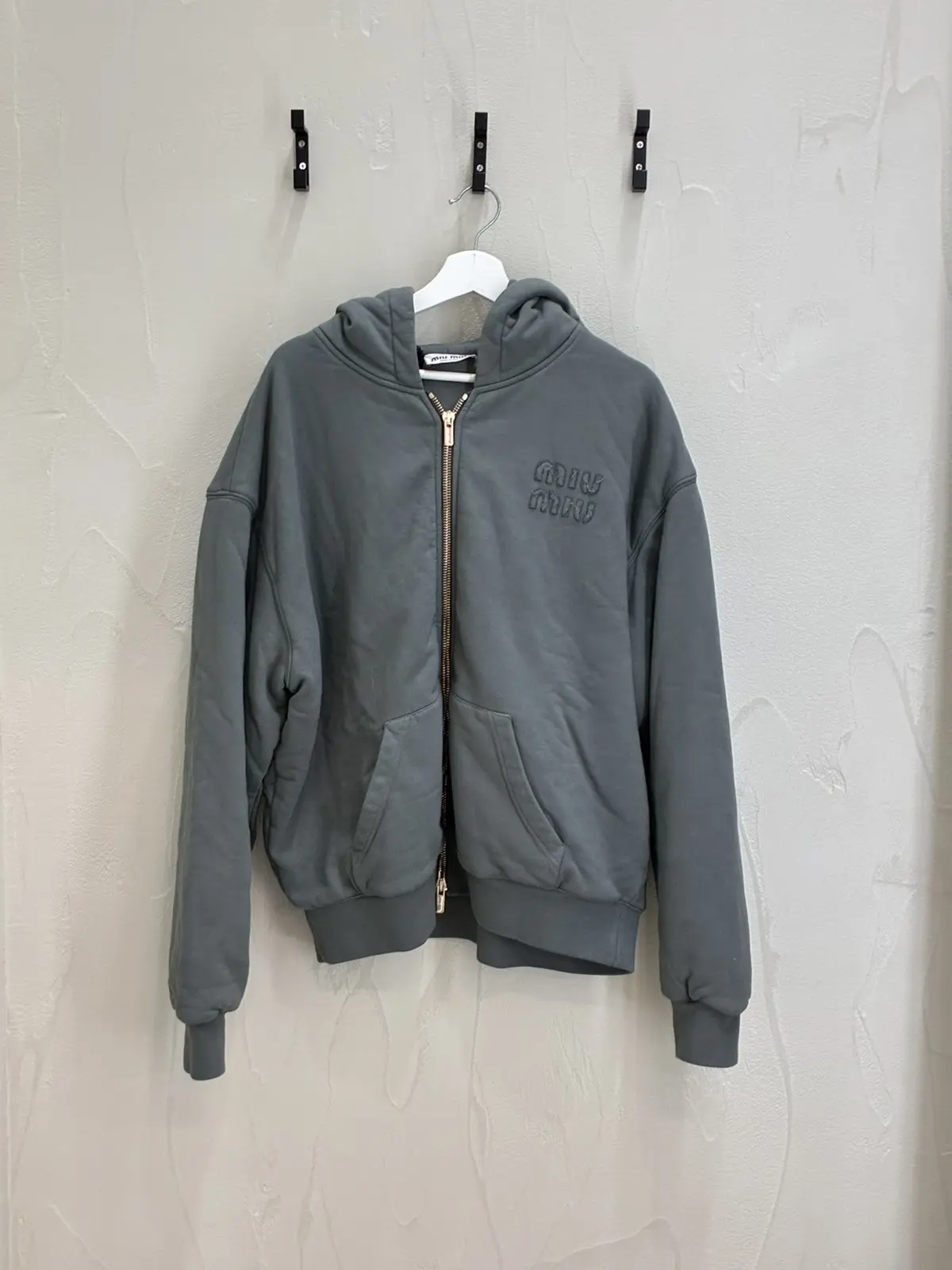 Miu Miu Garment Grey Cotton Fleece Zip Up Hoodie, Men's (Size Medium)