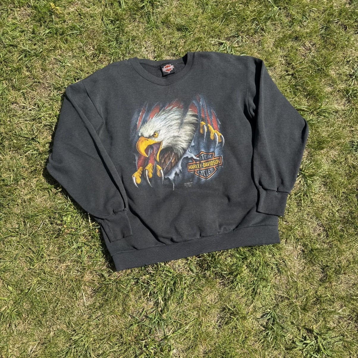 Vintage 1990 3D Emblem Harley Davidson Eagle Crewneck in Grey, Men's (Size XL)