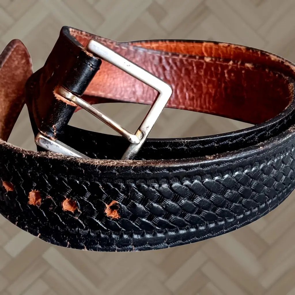 Vintage Lyntone Belt Adult 42 Black Tooled Leather Usa Cowhide Duty Basket, Men's