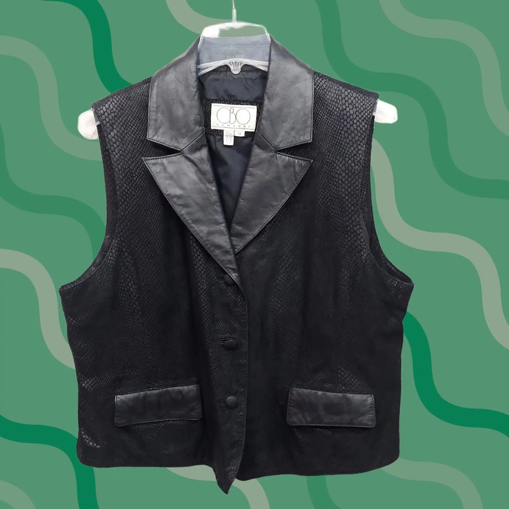 Vintage New York Vest Womens 1x Black Leather Snake Skin Print Button Up Pockets Cbo, Women's (Size Xl)
