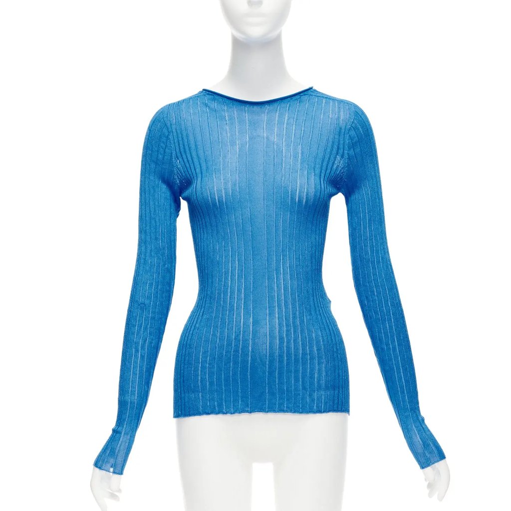 Celine Phoebe Philo Blue Semi Sheer Viscose Bateau Neck Ribbed Sweater L, Women's