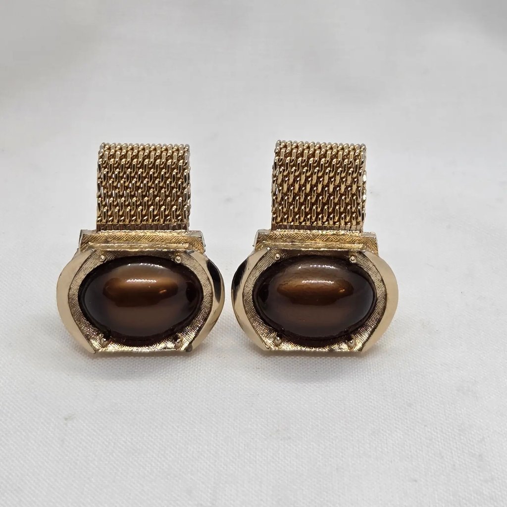 Vintage Swank Gold-Tone Mesh Tigers Eye Cufflinks, Men's