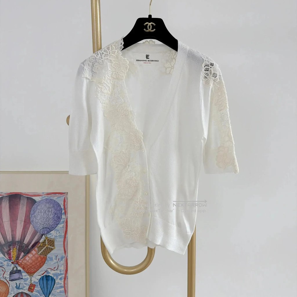 Es Knit Lace Half-Sleeve Cardigan Women's 38 in White, Women's (Size Xs)