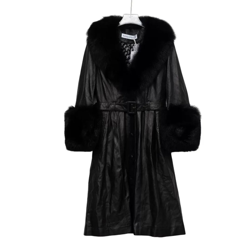 Saks Potts Leather Fox Fur Trim Coat Size 2 in Black, Women's