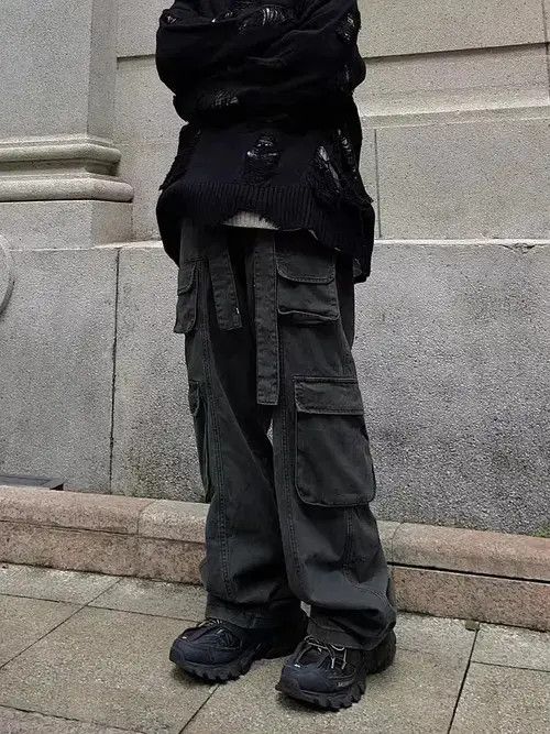 Jean Vintage Washed Distressed Cargo Wide Leg Pants in Black, Men's (Size 32)