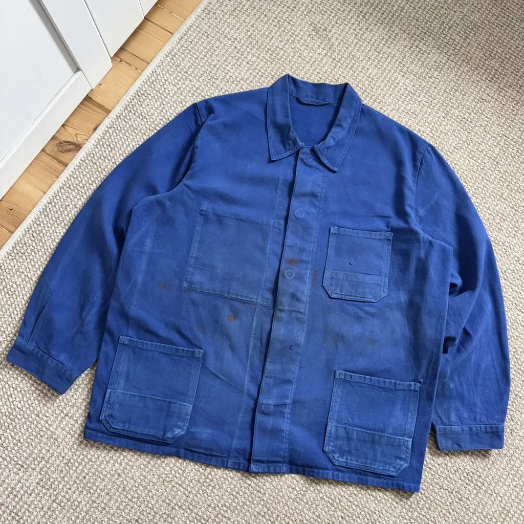 French Vintage Distressed Painted Works Jacket in Blue, Men's (Size Xl)