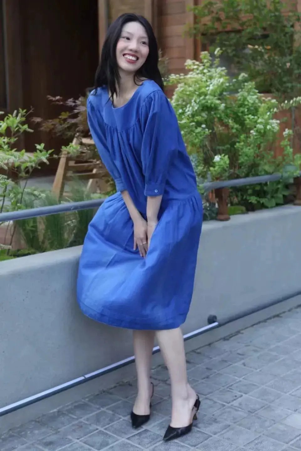 Kenzo Women's Puff Sleeve Linen Tailored Dress (S-M) in Blue, Women's