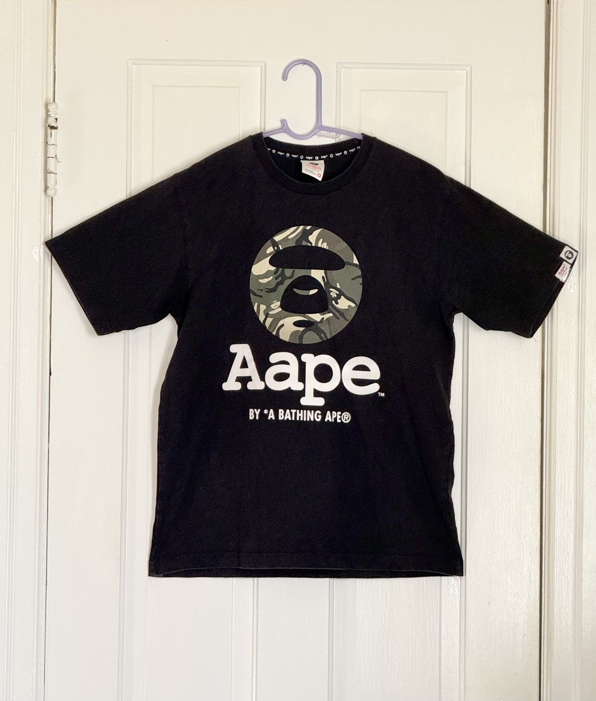 Aape X By A Bathing Ape Camo Black Moonface Camo Tee Medium, Men's