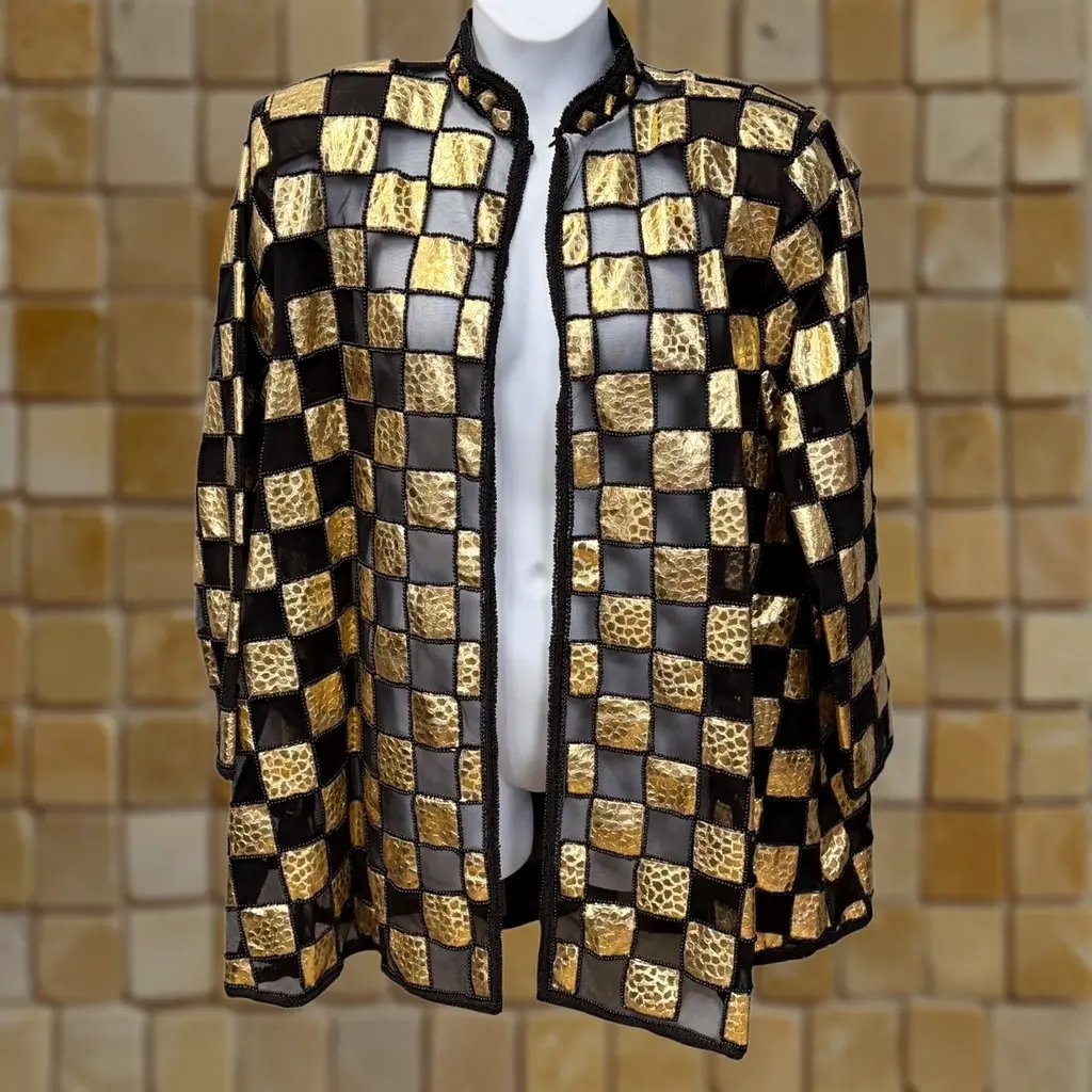 Vintage New Look Blazer Womens 1x Black Gold Check Mesh Beaded Open Formal, Women's (Size Xl)