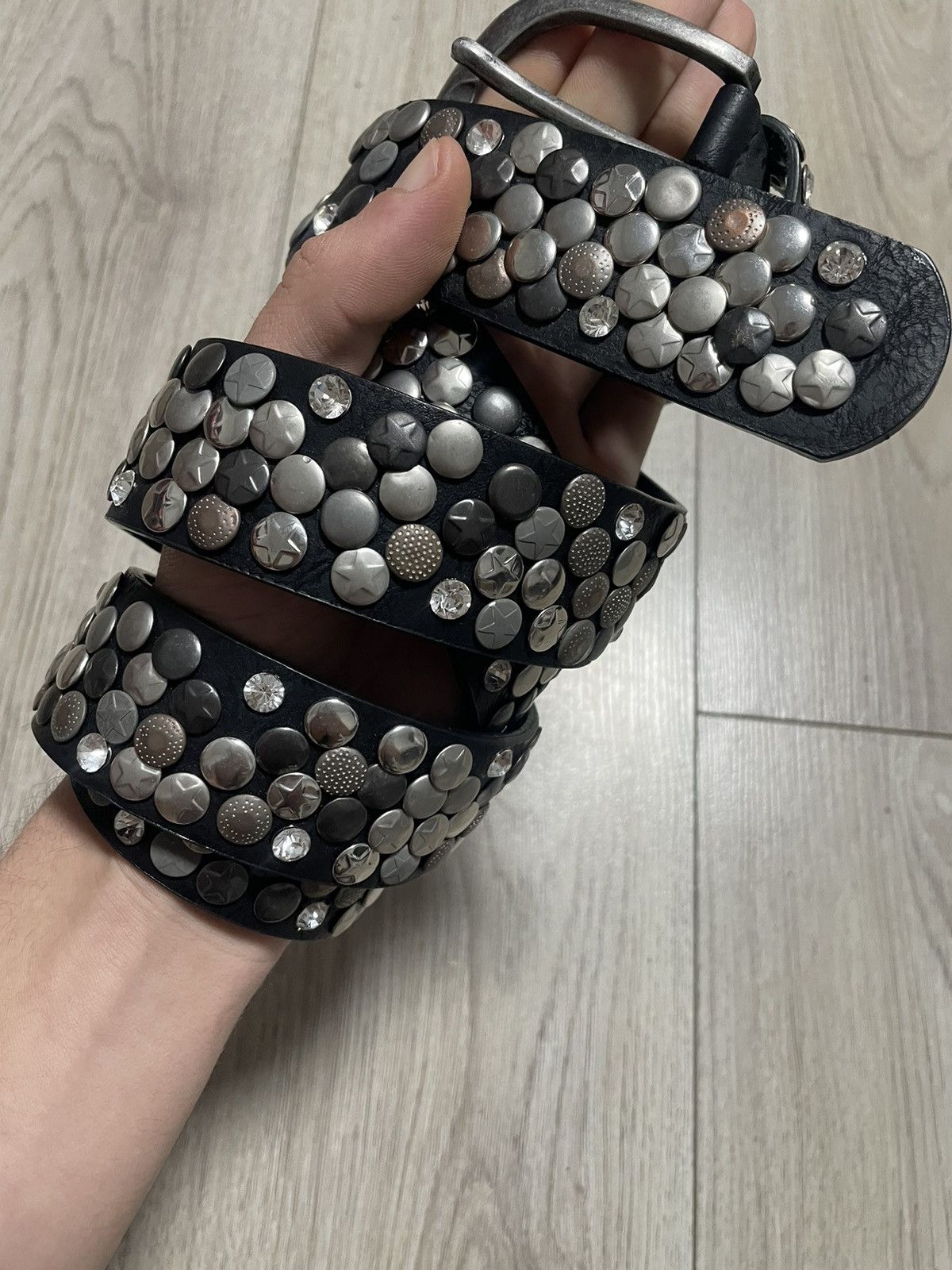 Vintage Leather Belt Style Metal Parts Rhinestones Style Wit in Black, Men's