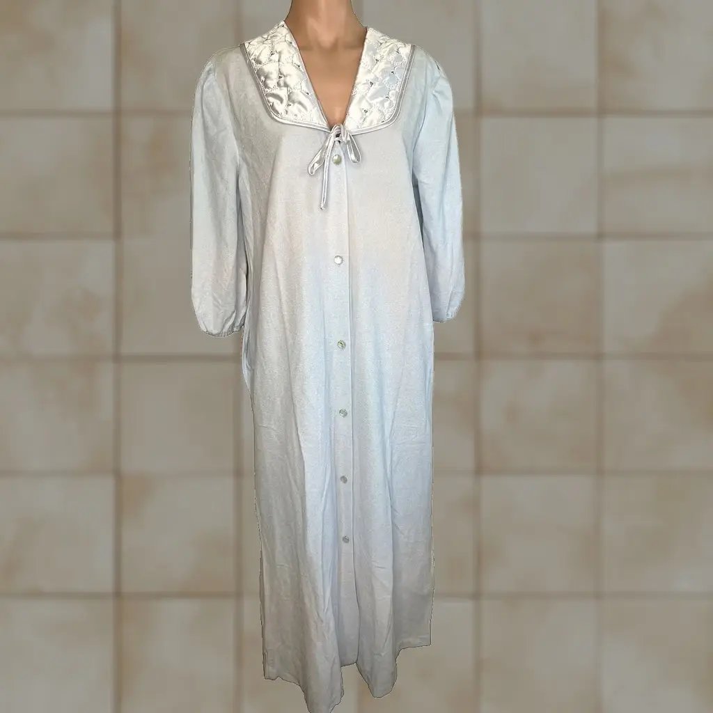 Vintage Creations Elegant Lady Robe Adult L Blue Housecoat Dressing Gown Felt Button 1970s Womens, Women's