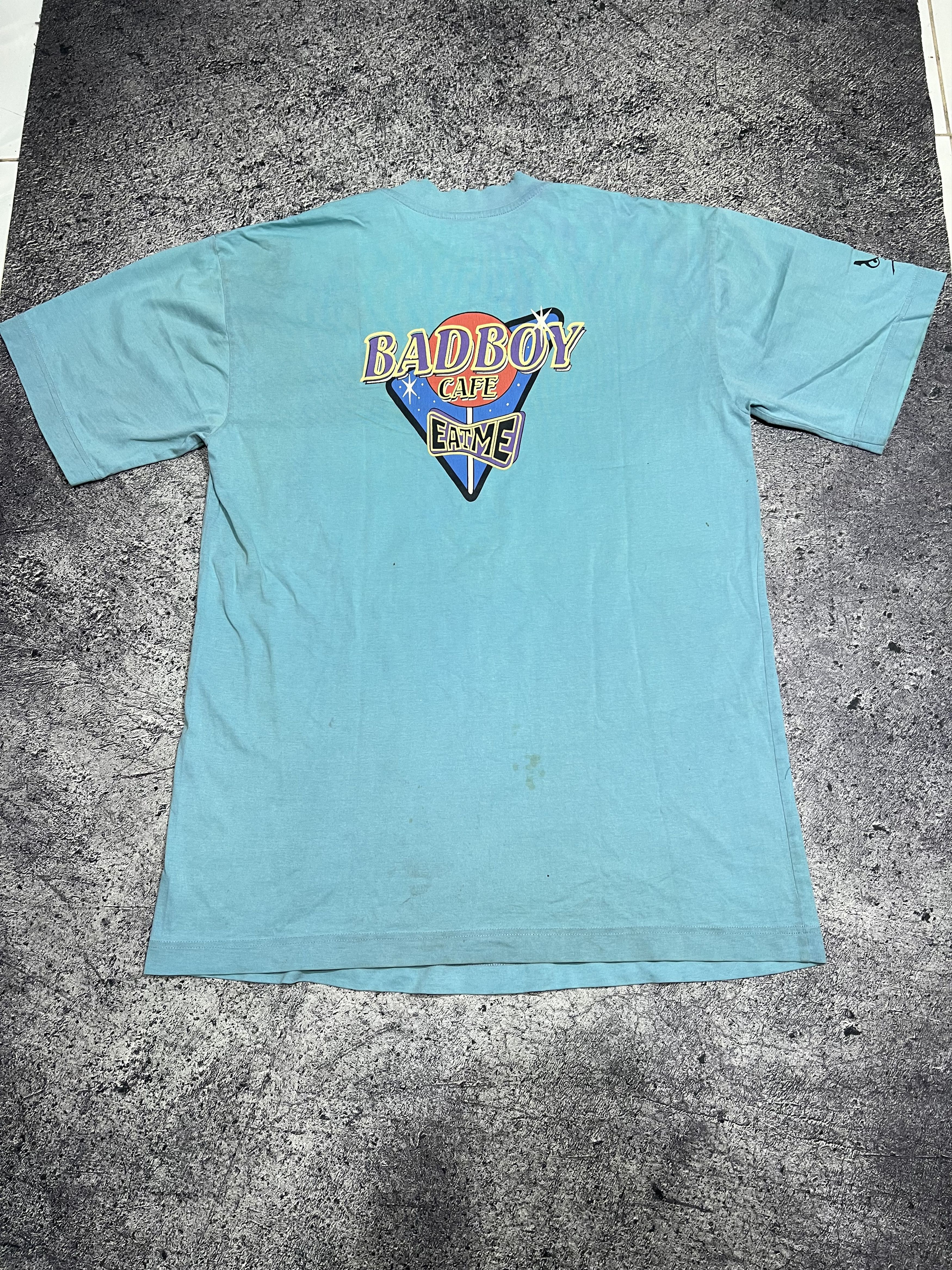 4Gseller Vintage Archival Bad Boy Cafe Surf Dirty Thrashed Tee Y2K in Blue, Men's (Size Large)
