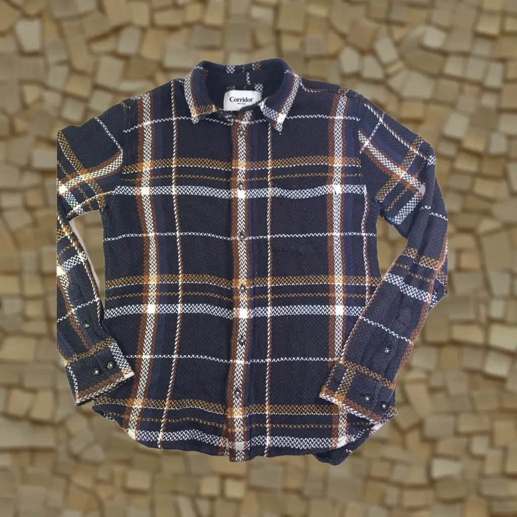 Corridor New York Shirt Mens S Navy Brown Plaid Herringbone Cotton Button Down Long Sleeve, Men's