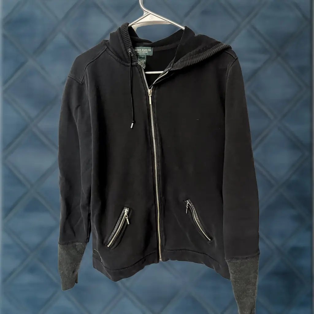 Ralph Lauren Hoodie Women's Large Petite Black Hooded Stretch Logo Full Zip, Women's