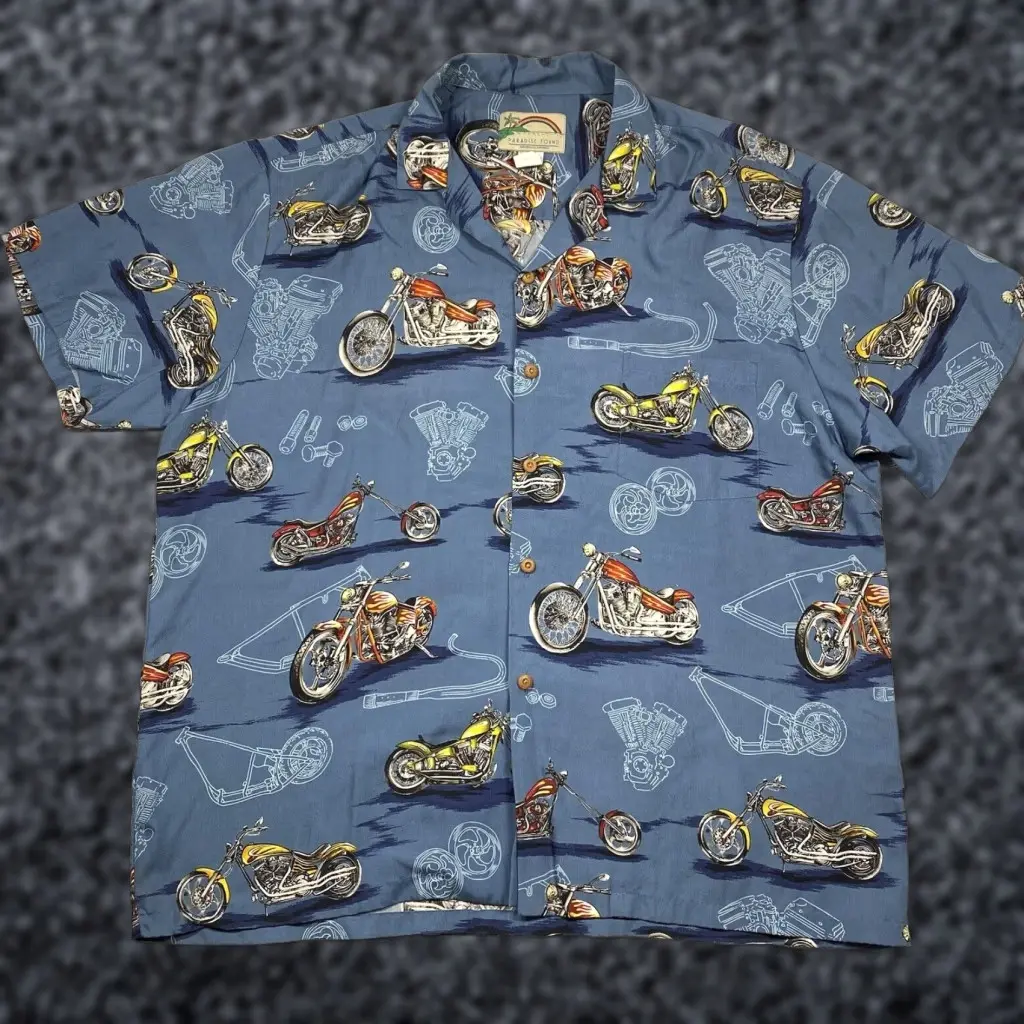 Paradise Found Shirt Hawaiian Mens XL Blue Motorcycle, Button-Up, Short Sleeve, Vintage, Classic Geometric Pattern, Adult Mens