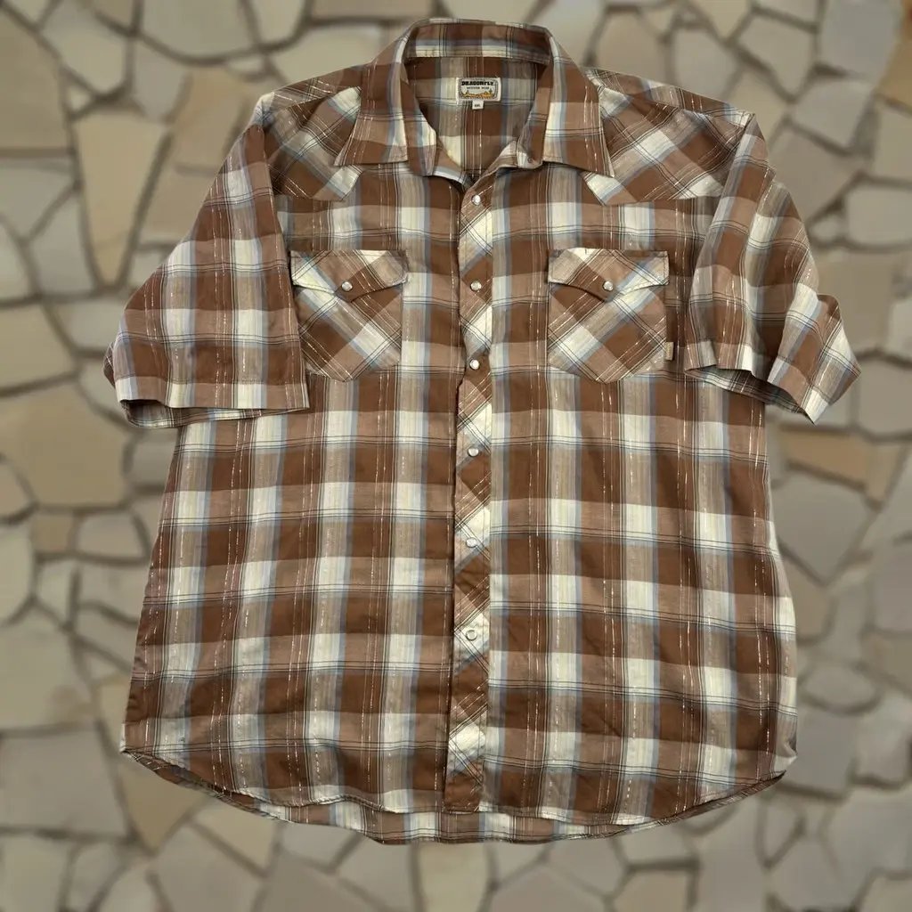 Vintage Dragonfly Western Shirt Mens 2XL Multicolor Plaid Short Sleeve Pearl Snap Button Collared, Men's (Size Xxl)