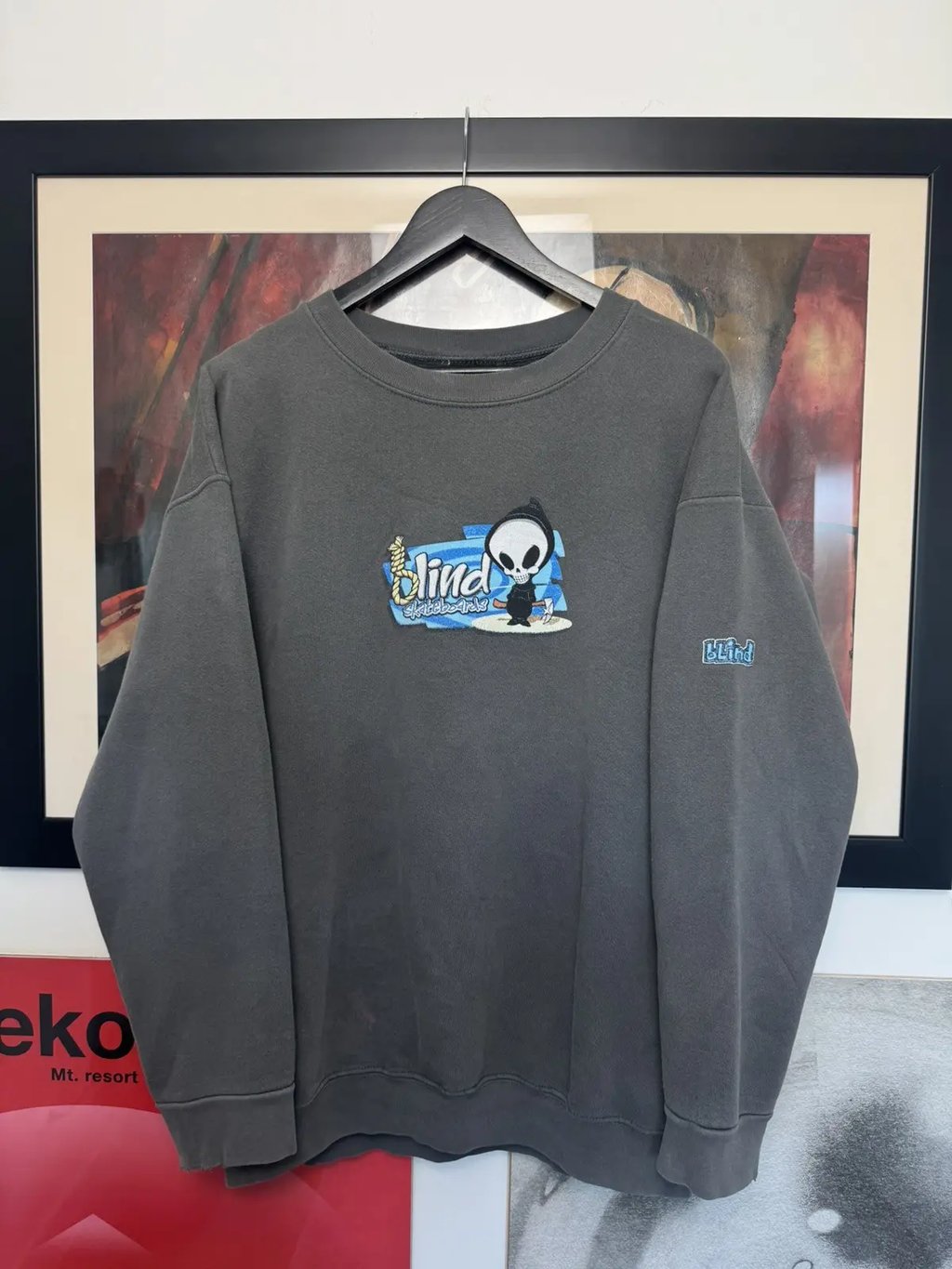 Vintage Blind Skateboards Print Reaper Skate Crewneck in Gray, Men's