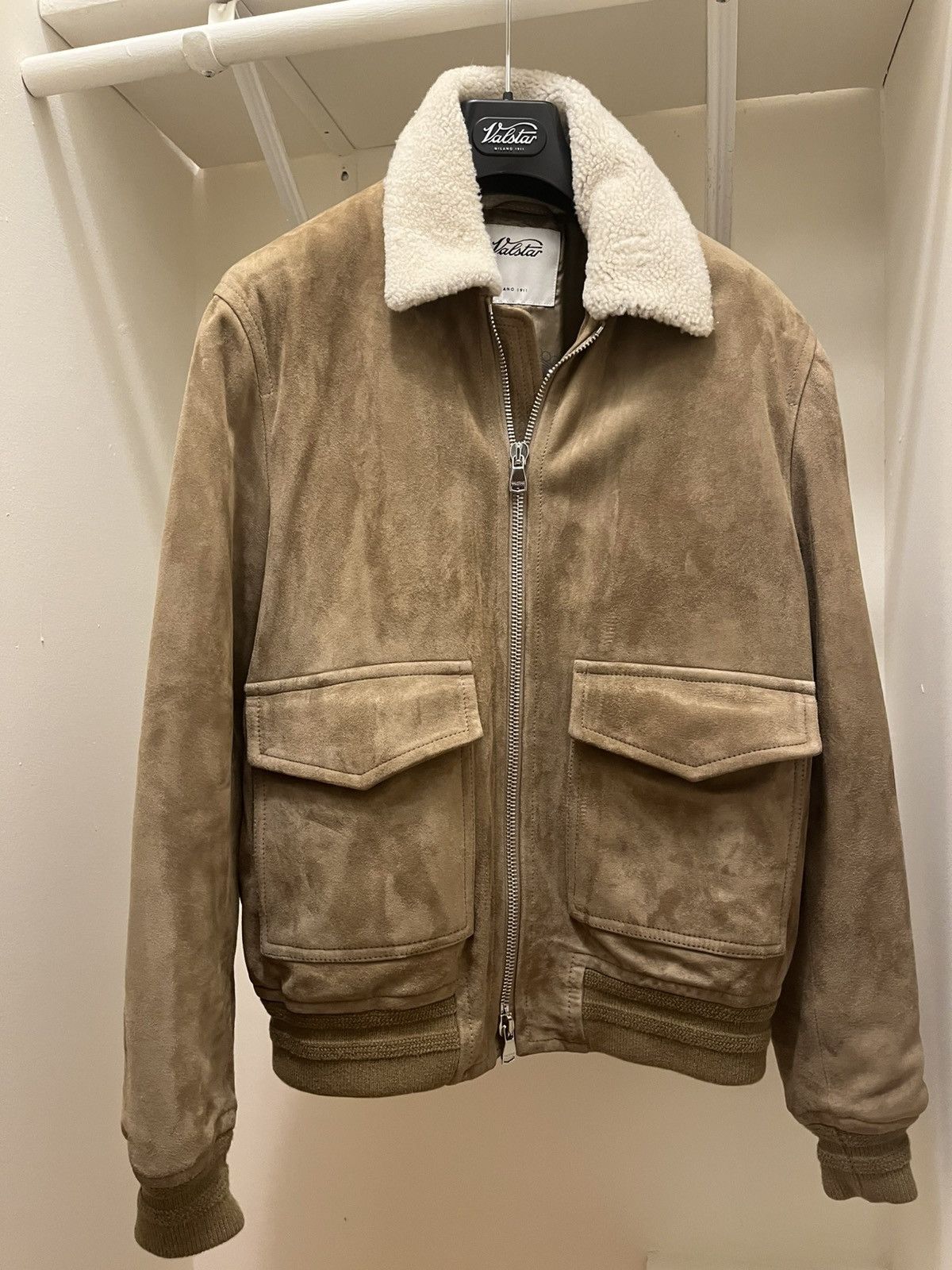 Valstar Shearling-Trimmed Suede Bomber Jacket in Beige, Men's (Size Large)