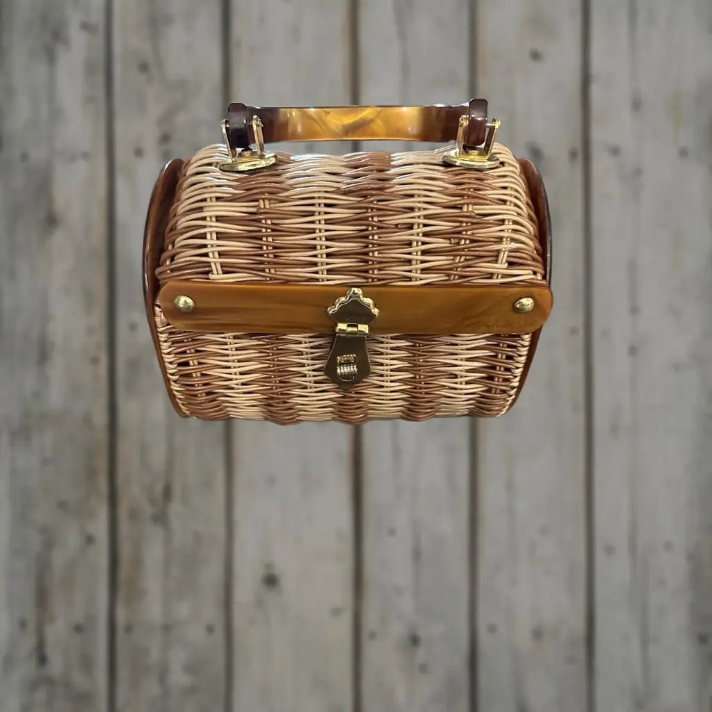 Vintage Stylecraft Purse Wicker Basket Lucite Handles Hand Painted Bag Beige Women 1950s Bag