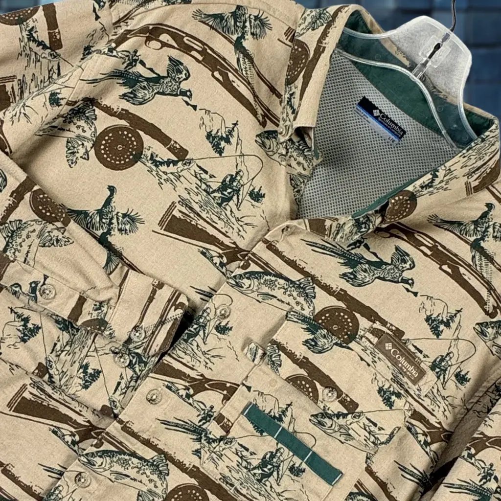 Columbia Flannel Shirt Men L Beige Pfg Fishing Hunting Shotgun Aop Vented Nature Shirt Mens Beige Plaid Long Sleeve Button-Up Collared Cotton, Men's