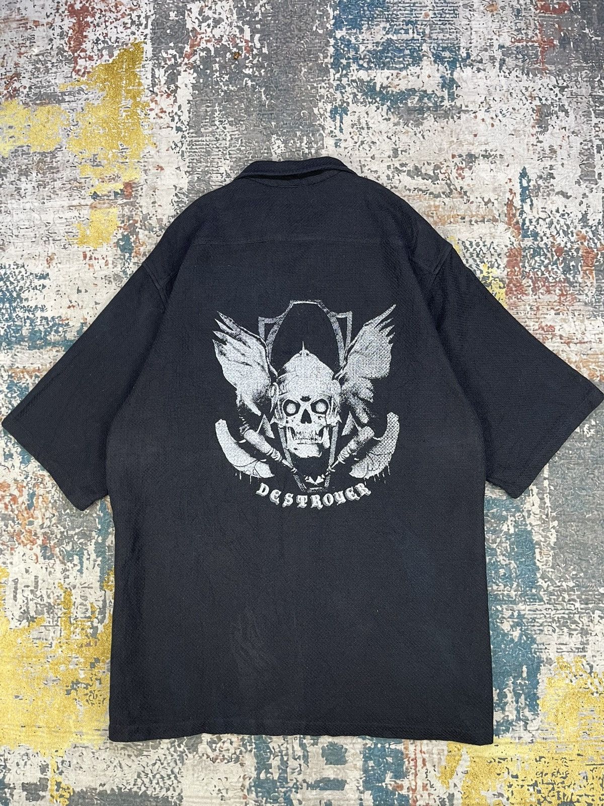 Beauty Beast Backhit Skull Destroyer Cotton Button Down Shirt in Black, Men's (Size Large)