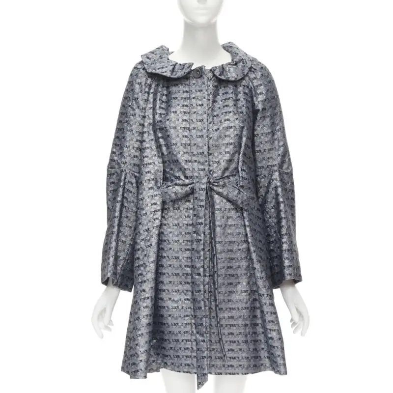 Marc Jacobs Metallic Blue Floral Jacquard Belted Front Flared Opera Coat Xs, Women's