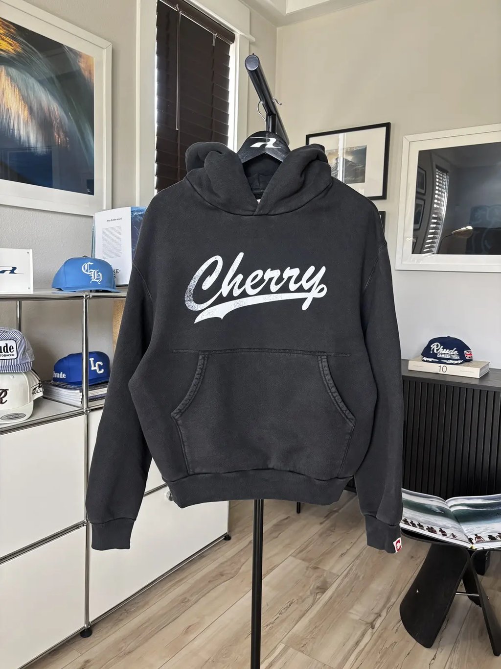Cherry La | Script Logo Cursive Faded Hoodie in Black, Men's (Size M)