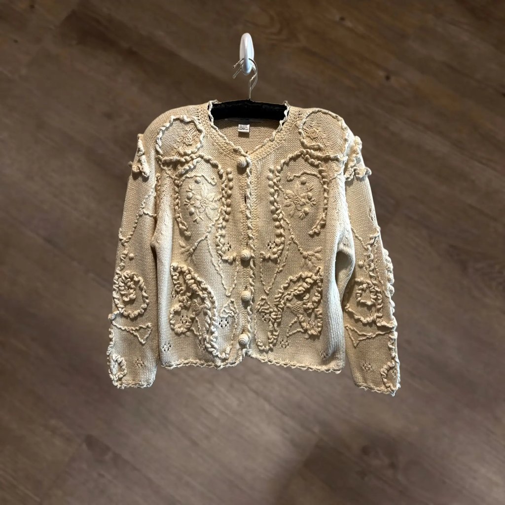 Vintage Michael Simon Cardigan Sweater Womens M/L Ivory Floral Ramie Cotton Embroidered Dainty in White, Women's