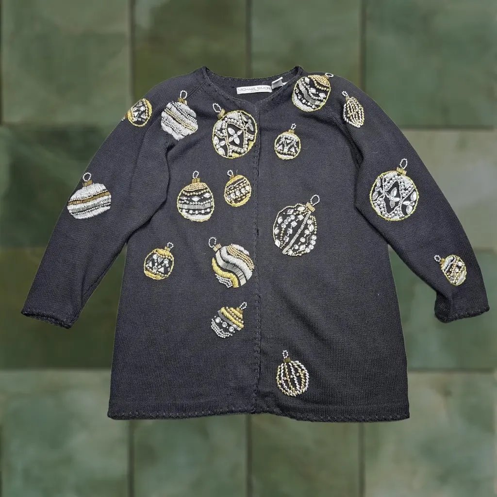 Vintage Michael Simon Cardigan Sweater Womens 2 Black Christmas Ornaments 90s, Women's (Size Xs)