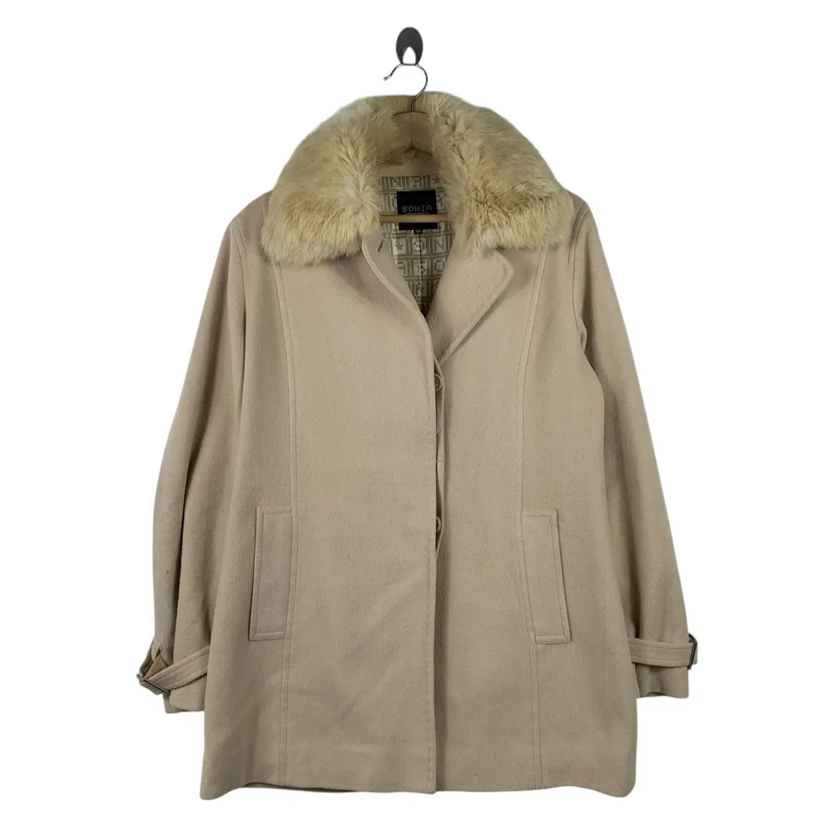 Vintage Sonia Rykiel Paris Designer Fur Collar Wool Jacket in Beige, Men's (Size Medium)