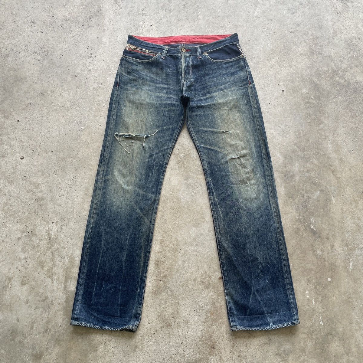 W35X34 Vintage Japanese Distressed Rusty Jeans Faded Pants in Blue, Men's