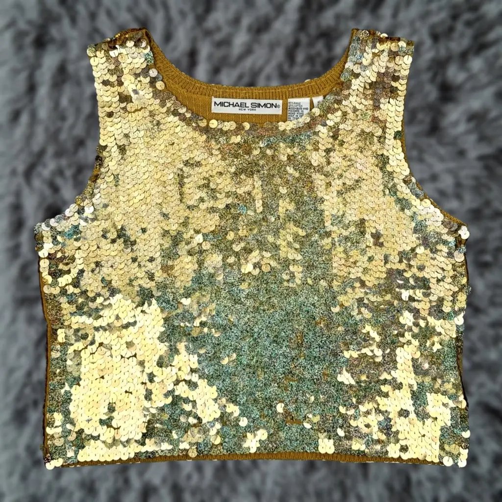 Vintage Michael Simon Tank Size S Gold Sequins Fully Embellished Totally Covered Party 90s Womens, Women's