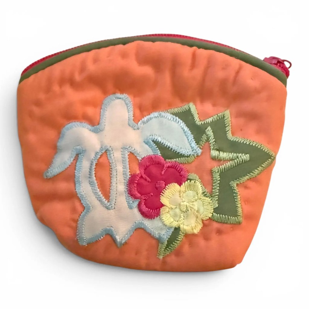 Quilted Hawaiian Honu Sea Turtle Floral Coin Purse New in Orange, Women's