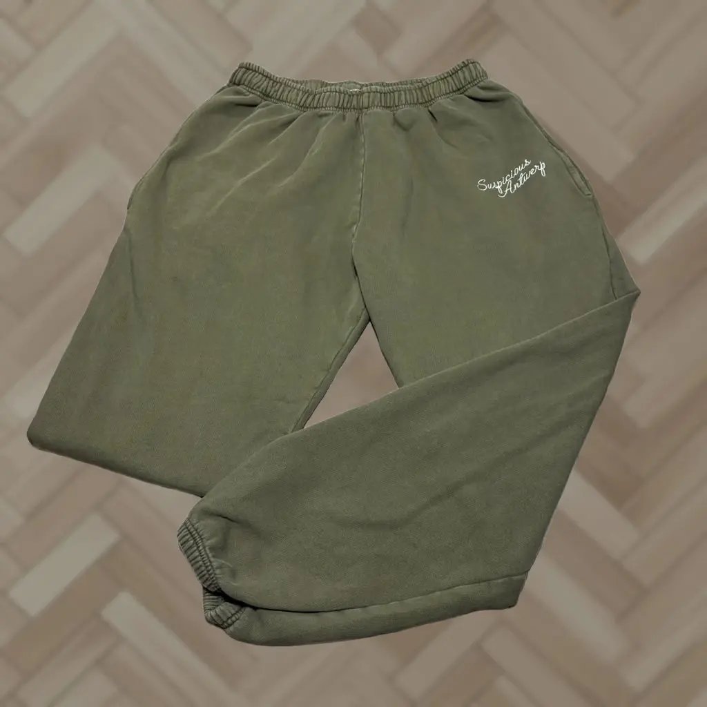 Suspicious Antwerp Sweatpants Men 1XL Olive Green Script Logo Joggers Streetwear in Brown, Men's (Size 35)
