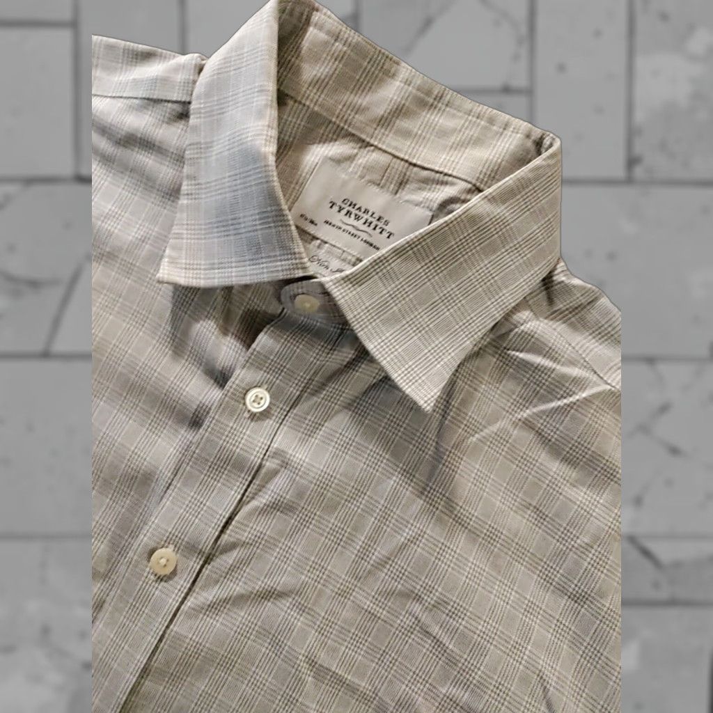Vintage Charles Tyrwhitt Men Gray Houndstooth Check Short Sleeve Dress Shirt 17.5 NWOT in Grey (Size 46R)