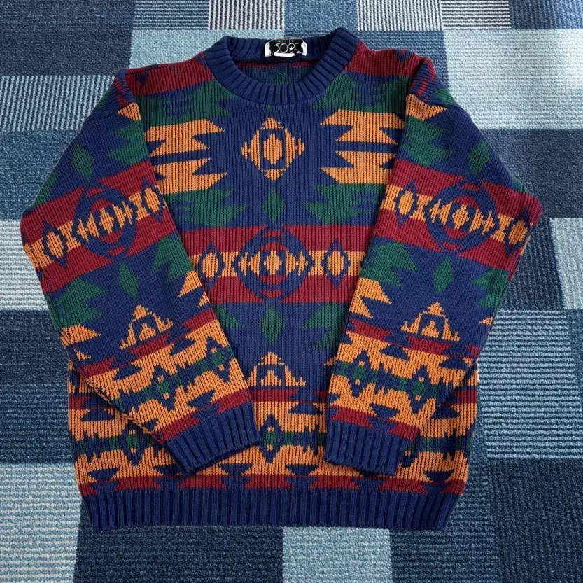 Vintage Rose Sweater Medium Navy Blue Aztec Knit Pullover Usa 90s Mens, Men's