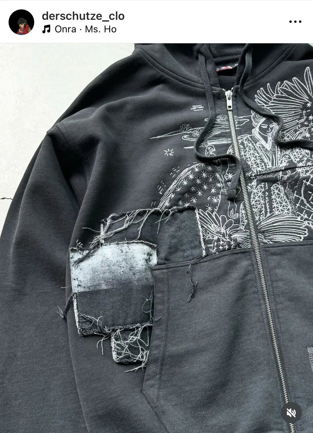 Boro Sashiko Zip Up Hoodie Sweatshirt Patchwork in Black, Men's (Size Xl)