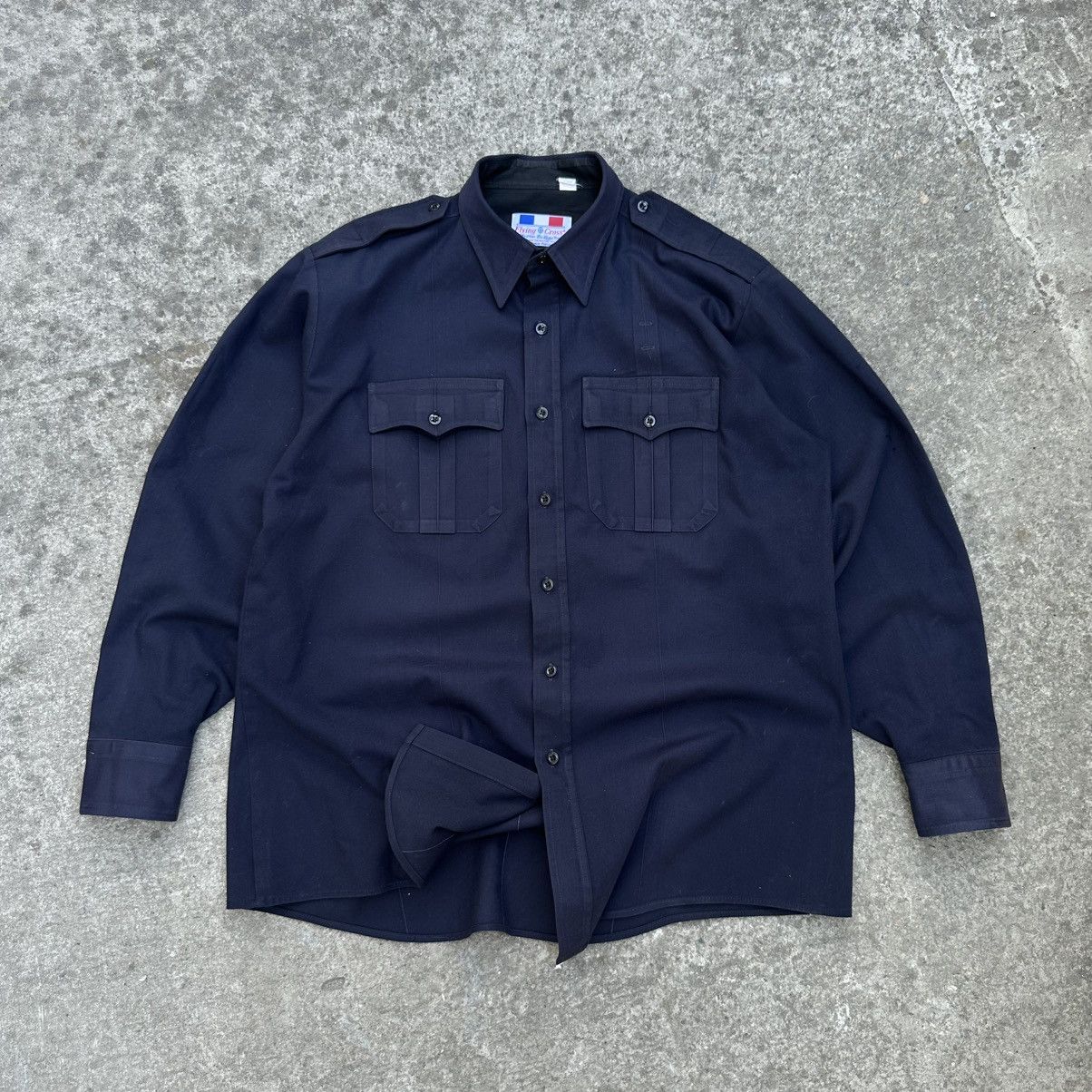 Sky High Farm Workwear Vintage Flying Cross Shirt Button Up 00S Perma Press Y2K in Blue (Size 2XL)